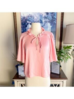 BCBGeneration Pink Blouse Women L Bell Sleeve Ruffle Tie Keyhole